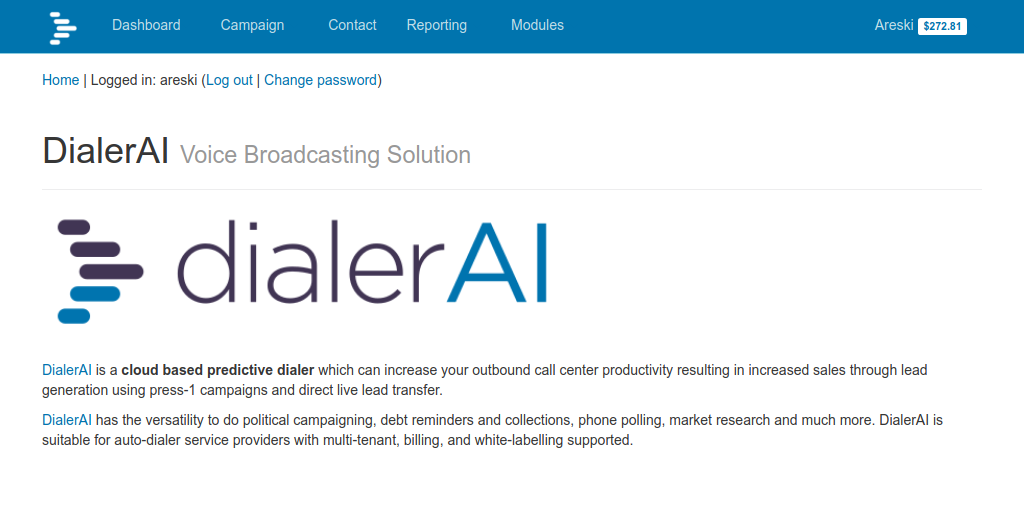 DialerAI Autodialer Welcome Page